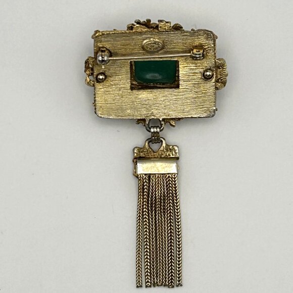 Vintage Kramer of New York Brooch Tassel Faux Jade Cabochon Gold Tone Rare - Picture 5 of 15